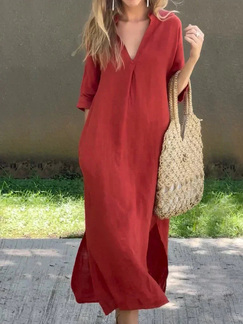 Elegant women's V-neck maxi dress, relaxed fit, ideal as a flowy summer dress, casual wear, or vacation outfit.