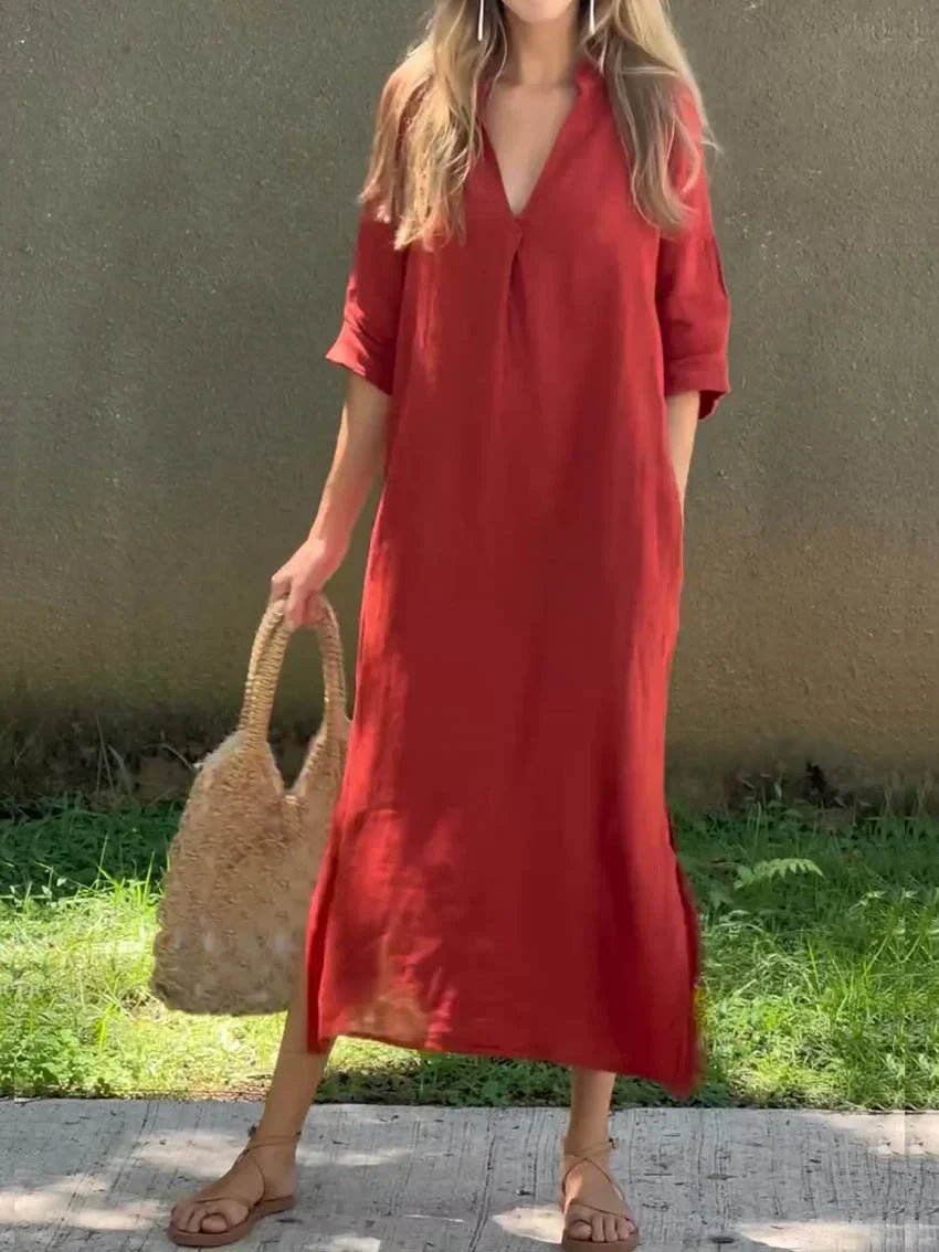 Comfortable women's relaxed V-neck maxi dress, 3/4 sleeves, side slit. A versatile casual & everyday summer dress.