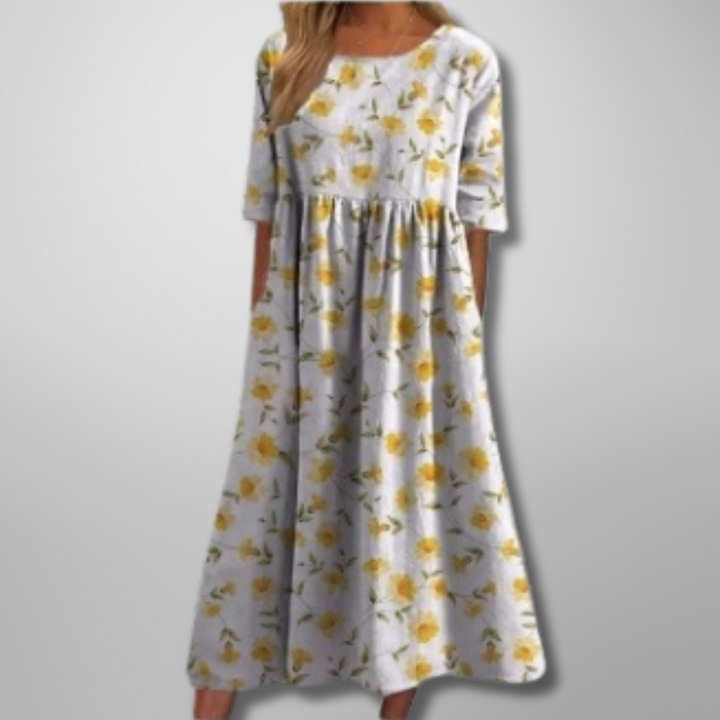Close-up of the delicate floral pattern on a women's relaxed fit midi dress for spring fashion.