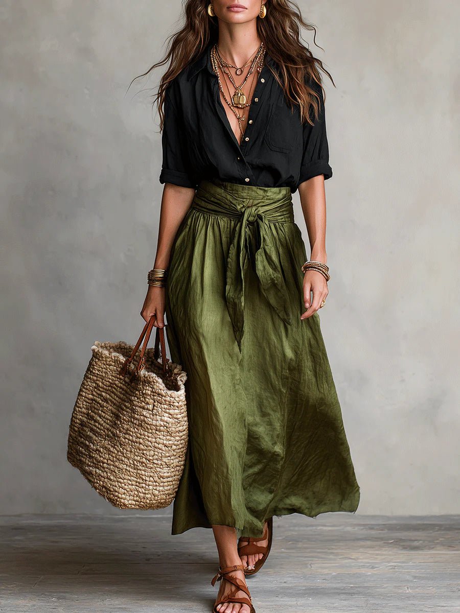 Women's relaxed green maxi skirt set with button-front top and tie-waist. Perfect two-piece for summer vacation.