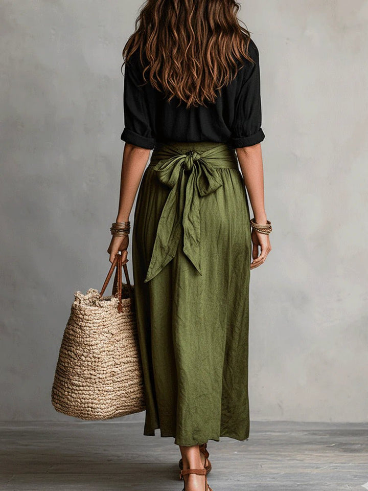 Comfortable women's green relaxed maxi skirt set; button-front blouse & tie-waist skirt, versatile casual chic.