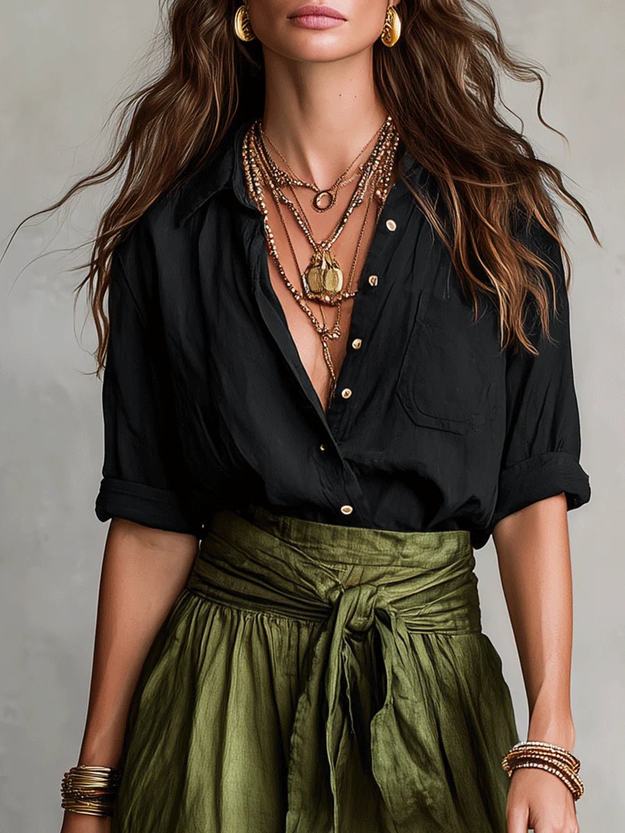 Green women's relaxed fit maxi skirt and button-front top set with a chic tie-waist, great for summer style.