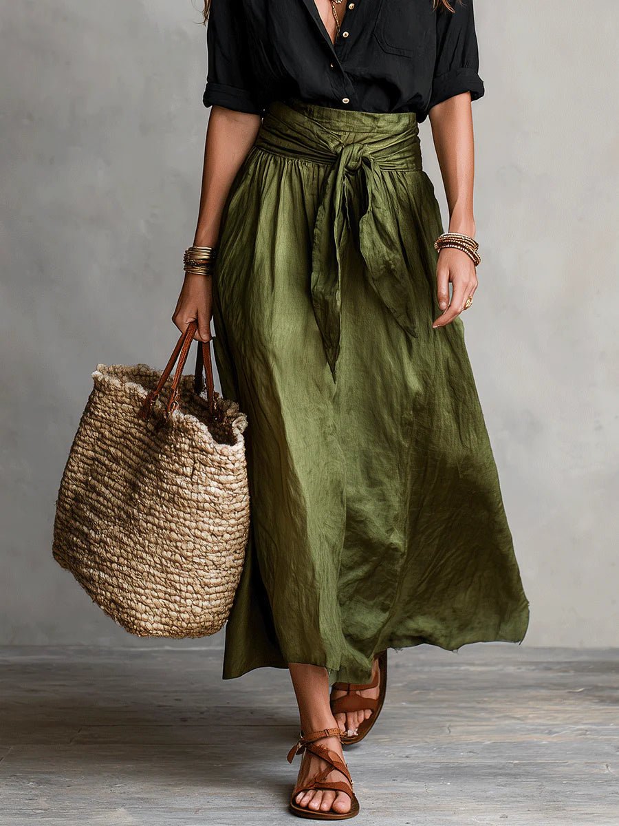Casual chic women's two-piece maxi skirt set in green with button-front top and adjustable tie-waist design.