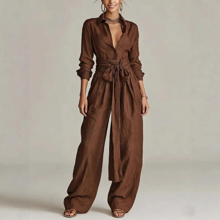 Elegant women's matching linen shirt & wide-leg pants co-ord set, offering a stylish two-piece summer casual outfit.