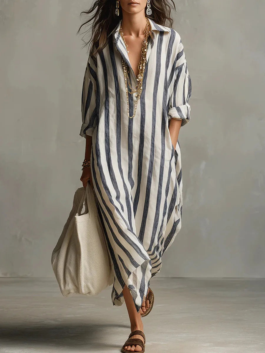 Women's relaxed long shirt dress. Comfortable V-neck, three-quarter sleeve summer casual dress for everyday wear.