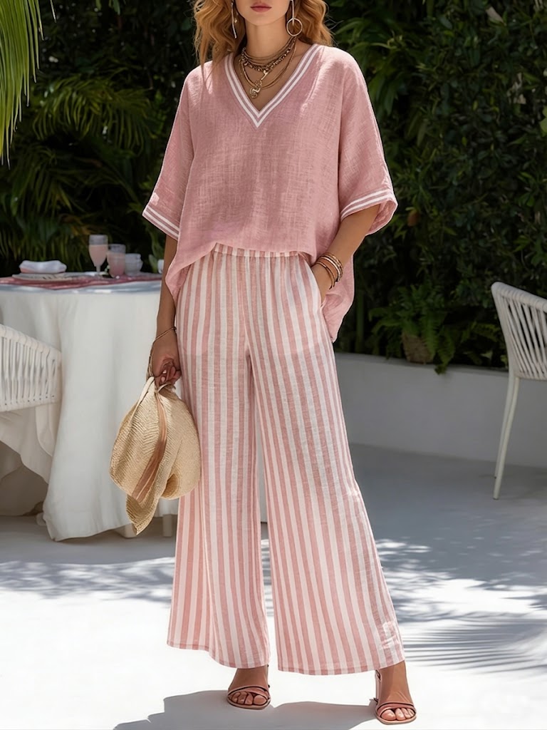 Women's relaxed striped two-piece shirt & pant set. Ideal casual summer outfit.