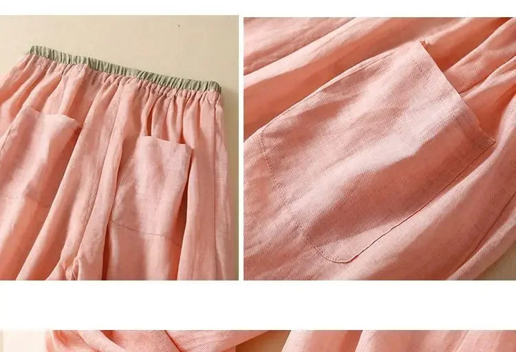 Close-up of the waistband on women's comfortable linen trousers, featuring a stretch design.