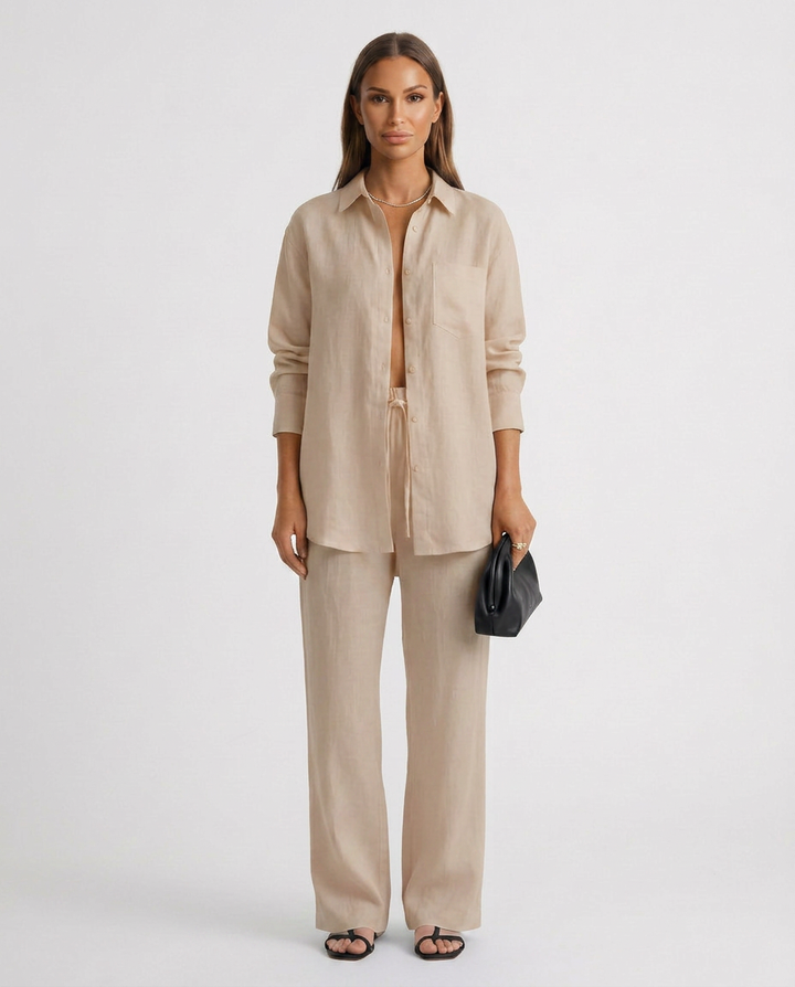 Women's relaxed two-piece lounge outfit set in a soft, comfortable fabric for casual wear.