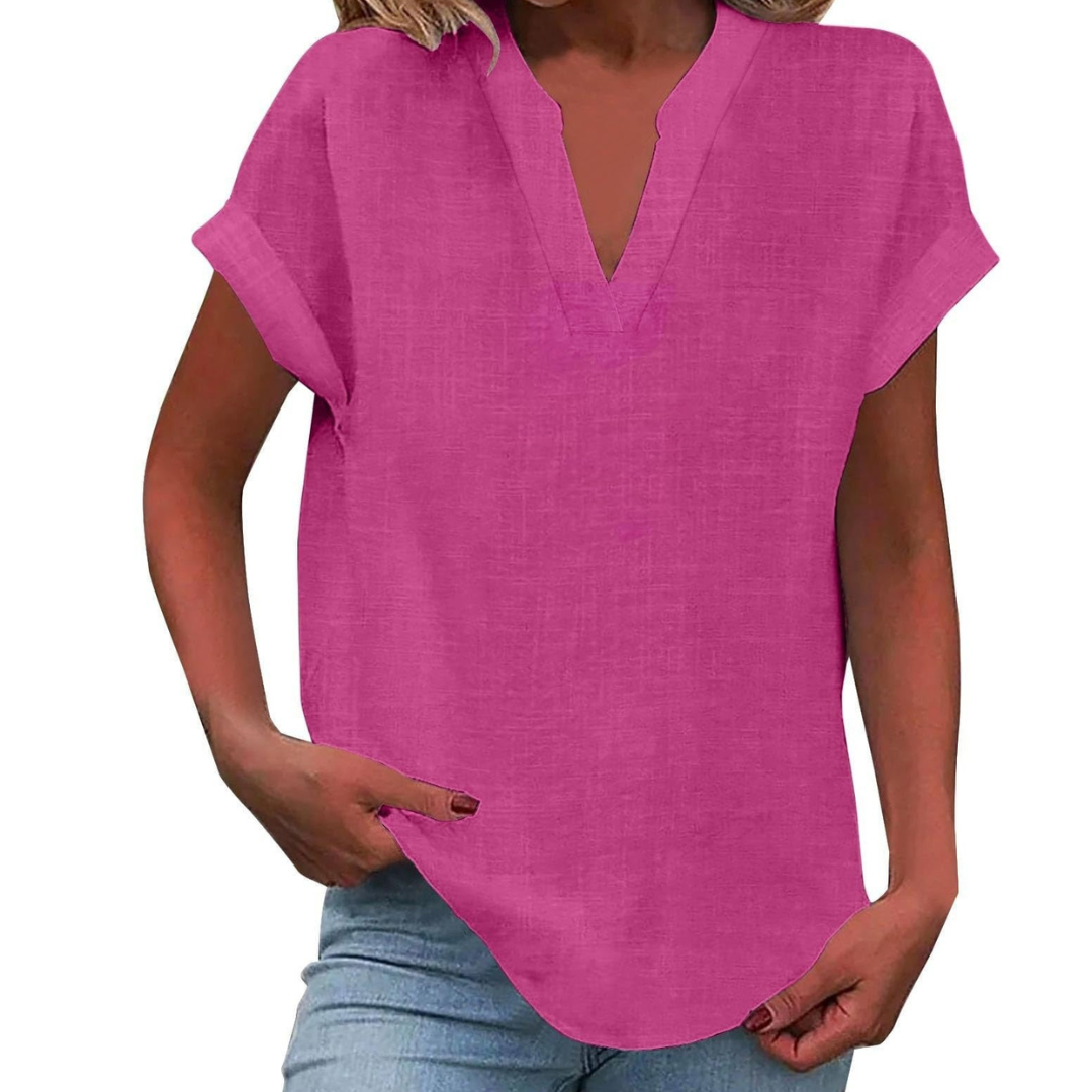 Flattering V-neck women's blouse, relaxed fit, perfect for summer casual wear & everyday comfort.