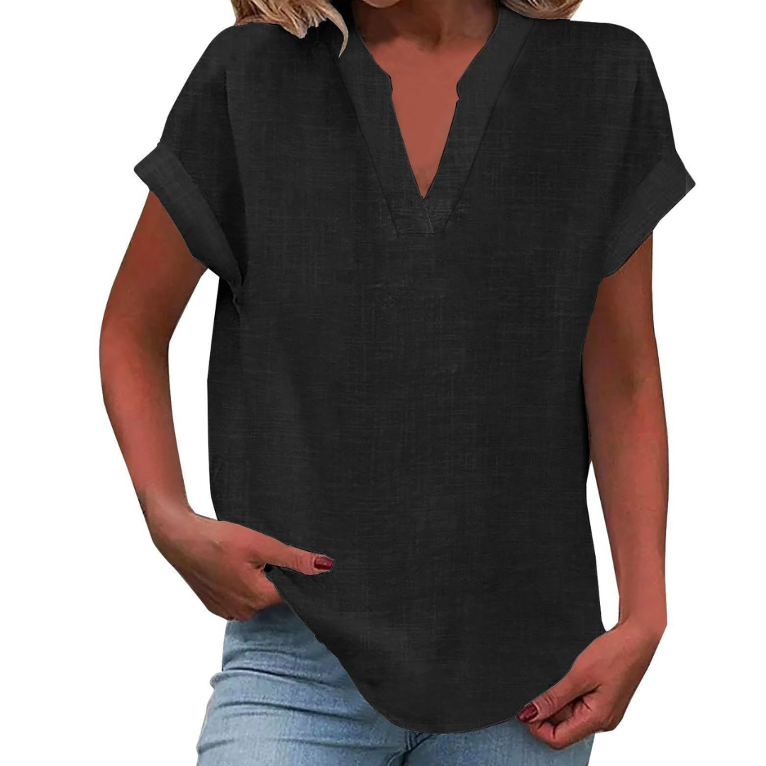 Trendy women's relaxed fit V-neck blouse, a comfortable short sleeve top for summer fashion.