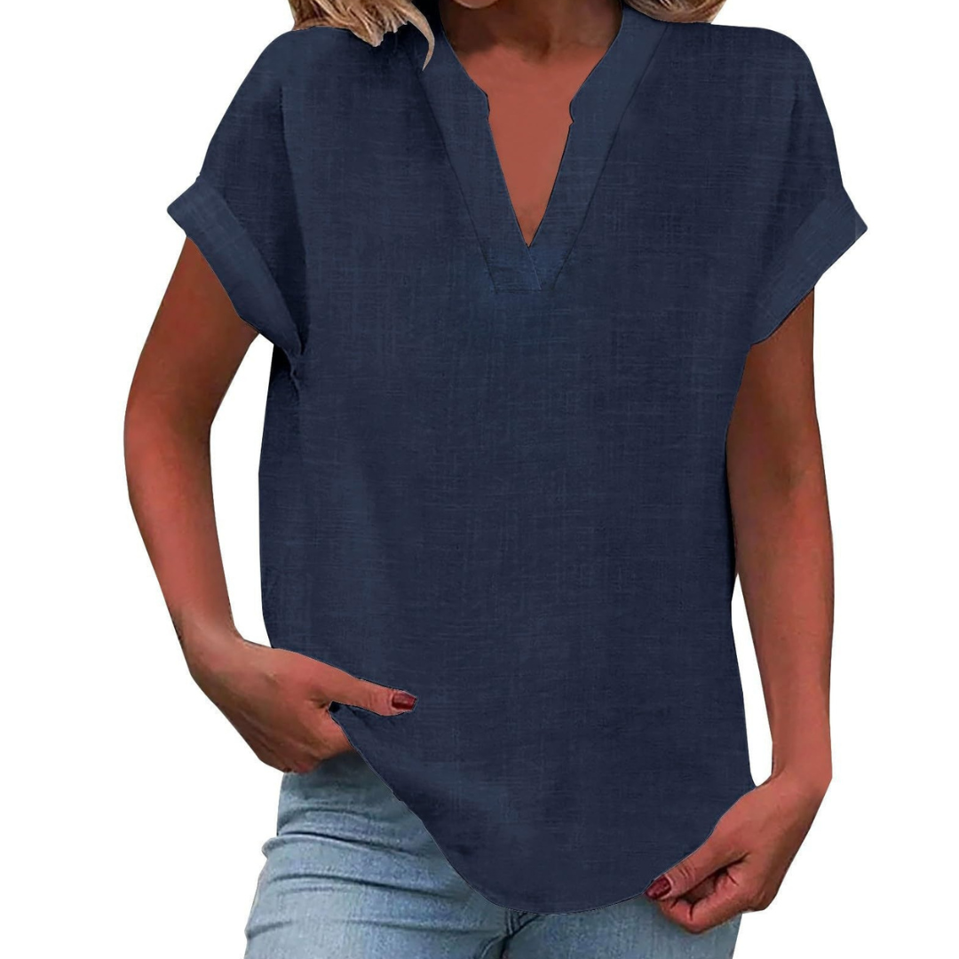 Simple & chic women's V-neck summer blouse, loose fit for breathable, relaxed everyday wear.