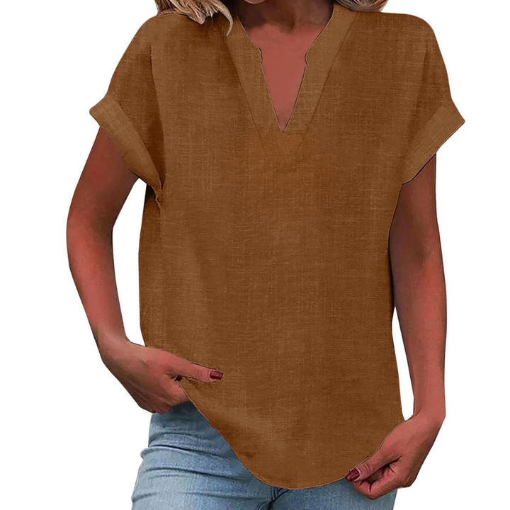 Women's comfortable V-neck top, a relaxed fit short sleeve blouse, ideal for effortless summer style.