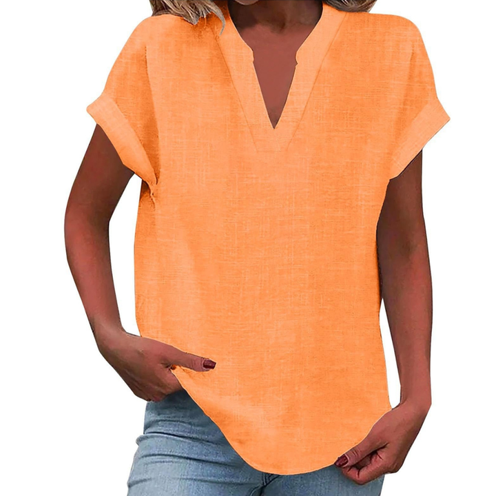 Easy-wear short sleeve V-neck blouse for women, a loose & relaxed fit for summer comfort.