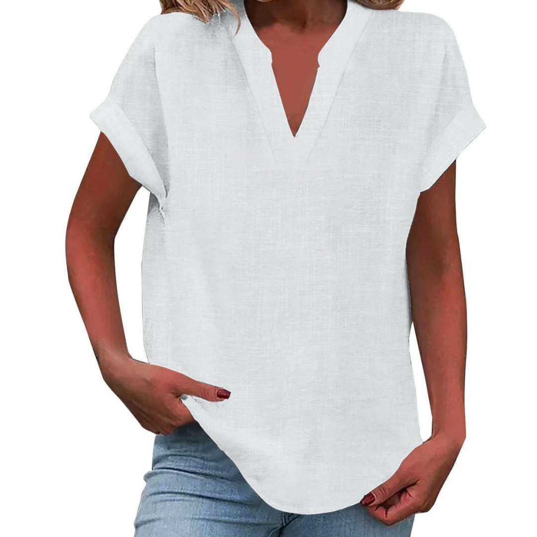 Women's summer V-neck blouse, relaxed fit, short sleeve, versatile & comfortable for casual style.