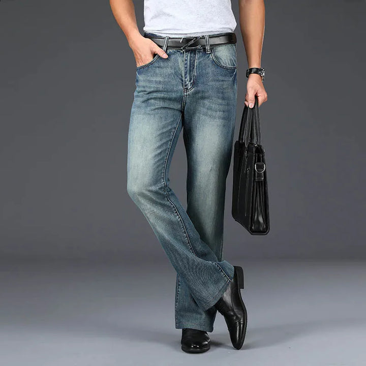Model wearing women's '70s flared blue jeans, showcasing the retro bell bottom silhouette