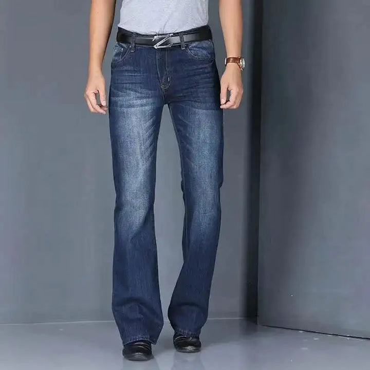 Trendy women's bell bottom jeans, retro flared '70s denim in a light blue shade