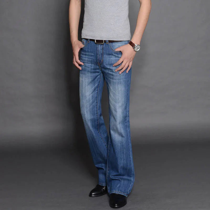 Detail of the flare on women's '70s denim jeans, highlighting the vintage style of bell bottoms