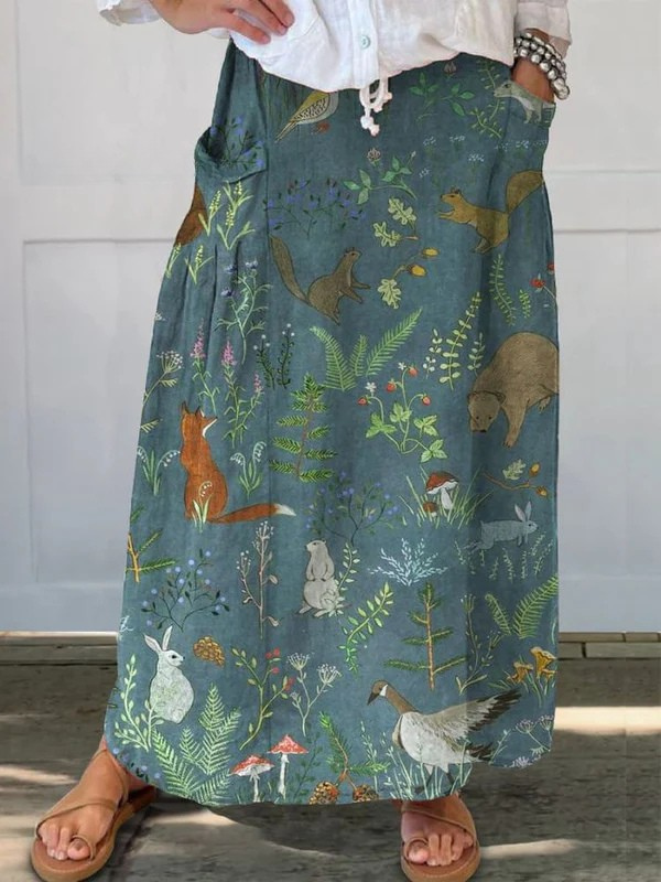 Women's retro floral art print A-line casual skirt with pockets & elastic waist, perfect for summer comfort.