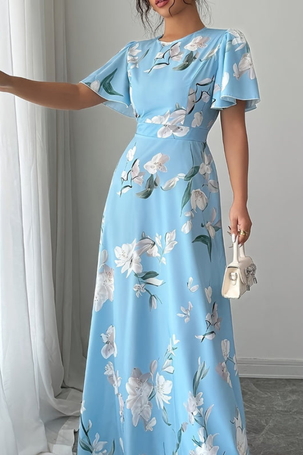 Women's party dress, retro pleated floral midi with ruffled sleeves, a stunning and fashionable choice.