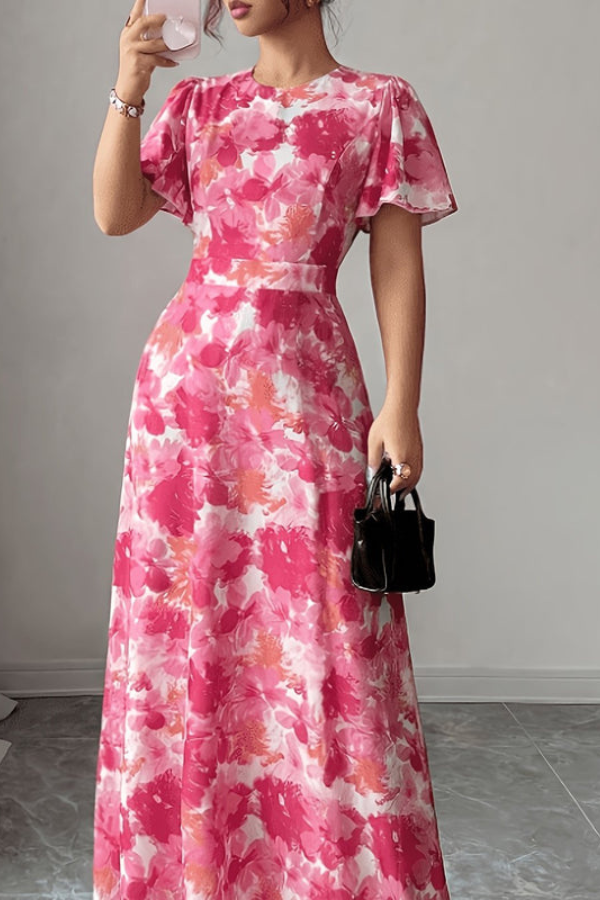 Feminine retro floral midi dress for women, pleated skirt and ruffled sleeves, perfect for spring events.
