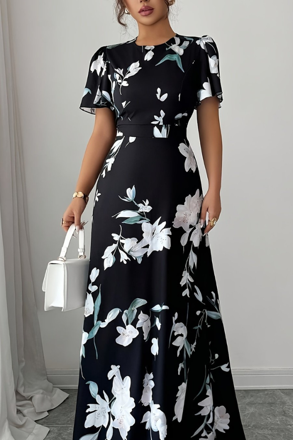Chic women's floral midi dress with pleated skirt, retro style & ruffled sleeves, perfect for parties.
