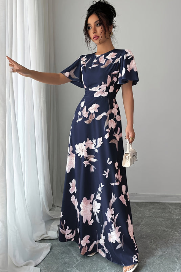 Versatile women's retro floral midi dress, pleated for a feminine look, great for summer fashion.