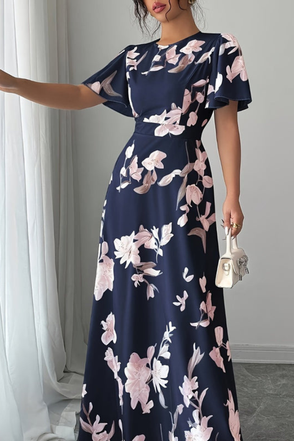 Casual chic women's floral midi dress, retro pleated design with charming ruffled sleeves for daily wear.