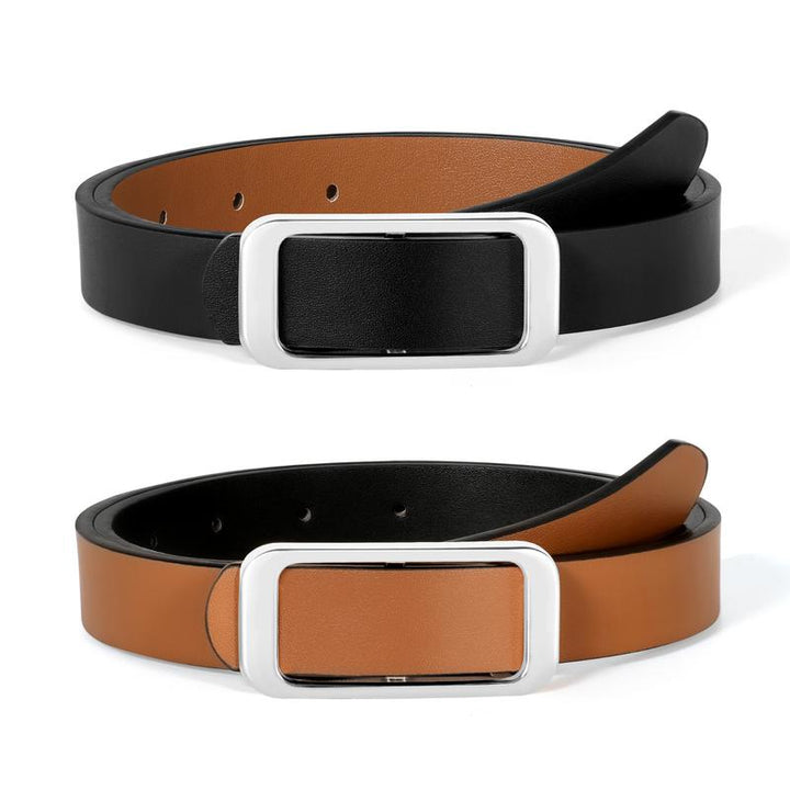 High-quality women's reversible leather belt, a versatile accessory with a polished silver buckle.