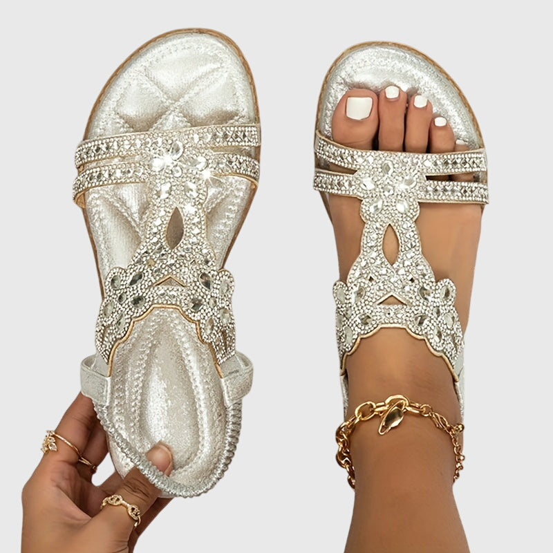 Vacation-ready women's flat sandals with sparkling rhinestones and boho style.