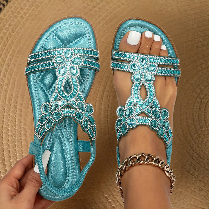 Women's rhinestone flat summer sandals with open toe design, perfect for casual wear & vacation.