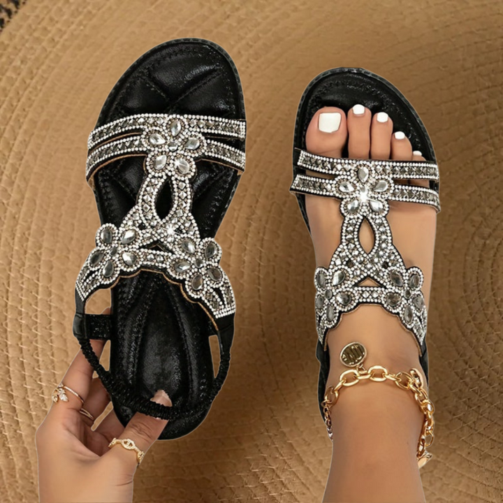 Stylish women's rhinestone flat sandals, perfect casual summer footwear with comfortable design.