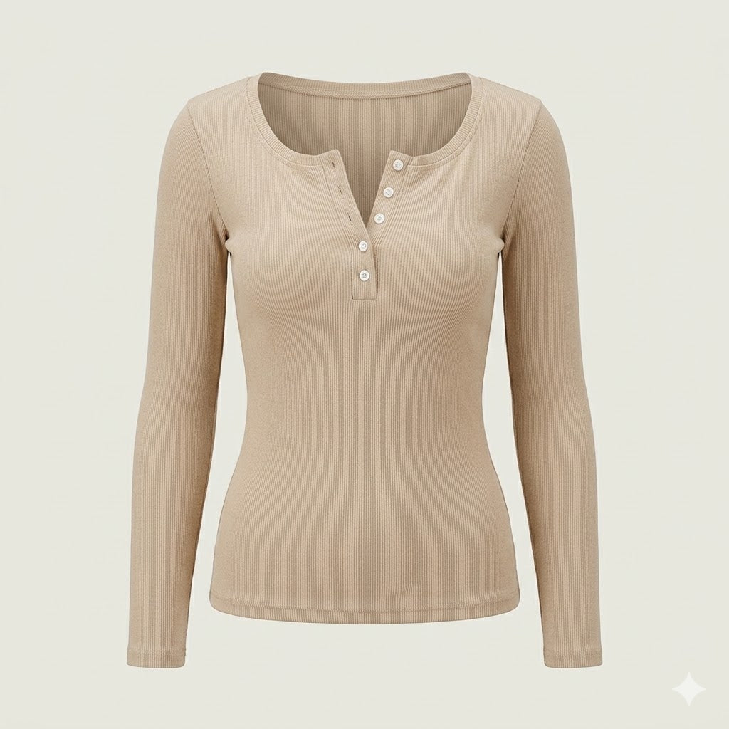 Stylish women's ribbed long sleeve top with button front, perfect for autumn & winter fashion and layering.