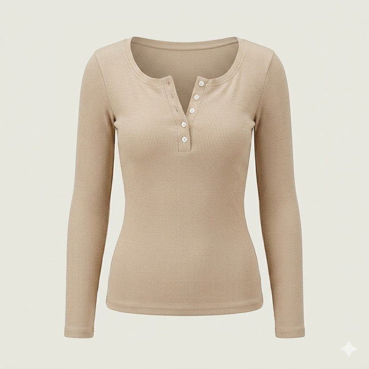 Stylish women's ribbed long sleeve top with button front, perfect for autumn & winter fashion and layering.
