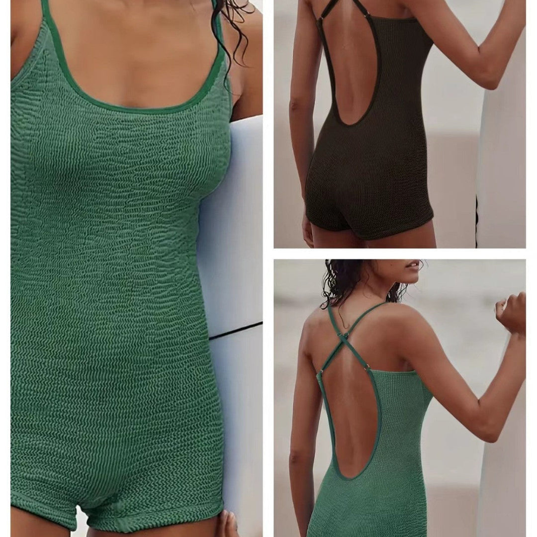 Women's ribbed one-piece monokini swimsuit, ideal for beach sports & aquatic activities.