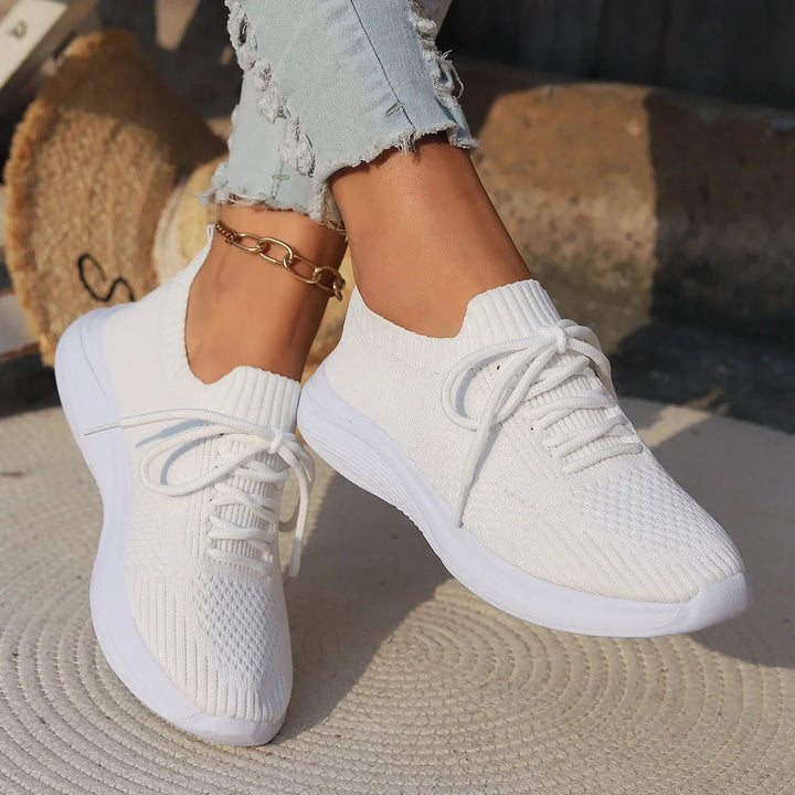 Women's ribbed sock lace-up sneakers, lightweight & comfortable for casual everyday wear.