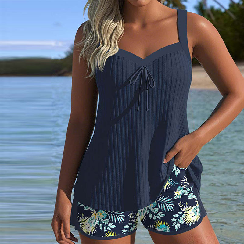Women's ribbed tie-front sweetheart tankini top & tropical boyshorts. Stylish modest swimwear for summer beachwear.
