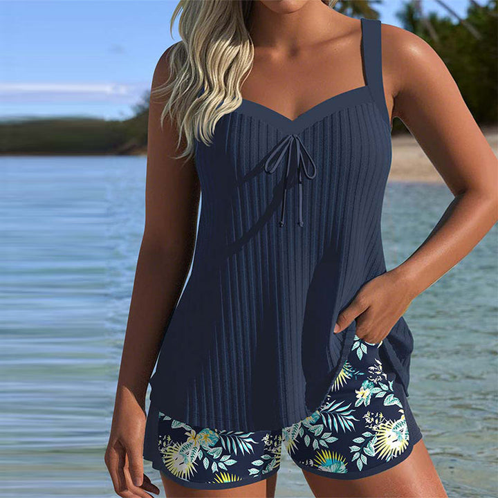 Women's ribbed tie-front sweetheart tankini top & tropical boyshorts. Stylish modest swimwear for summer beachwear.