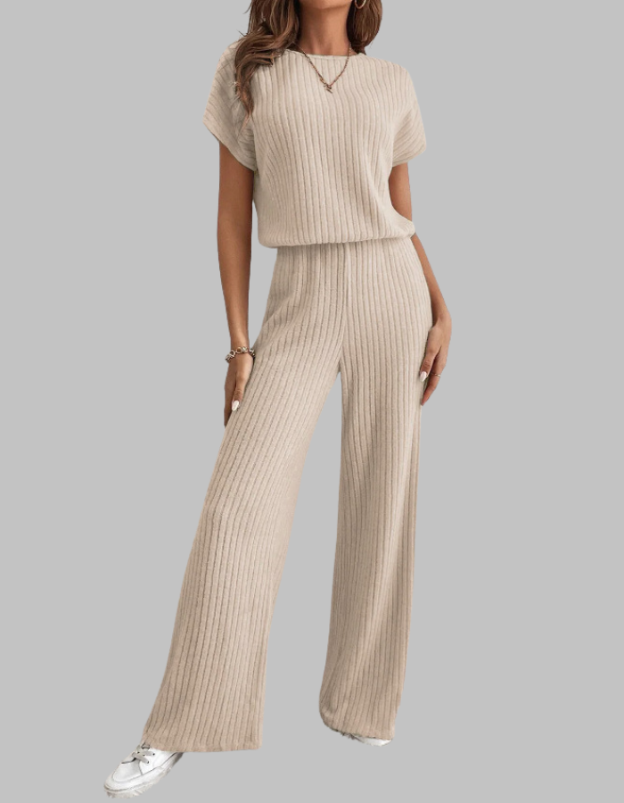 Women's ribbed two-piece set with a short sleeve top & wide leg pants. Comfortable & stylish casual lounge wear.