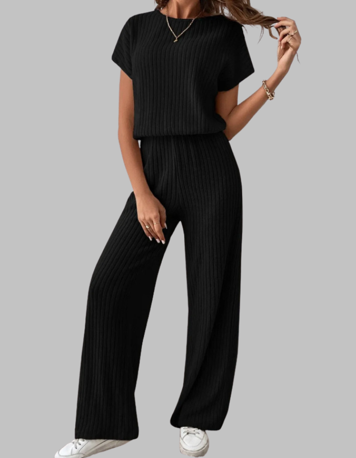 Flowy wide-leg ribbed pants for women, a comfortable part of a matching two-piece set with a short sleeve top.