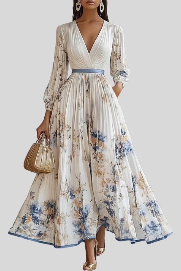 Women's romantic pleated bohemian midi dress with puff sleeves & V-neck, perfect for summer vacations.