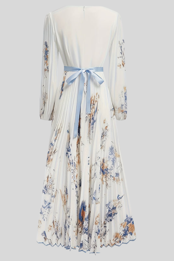 Sophisticated women's pleated midi dress, V-neck, puff sleeves, and a flowy bohemian design for elegant style.