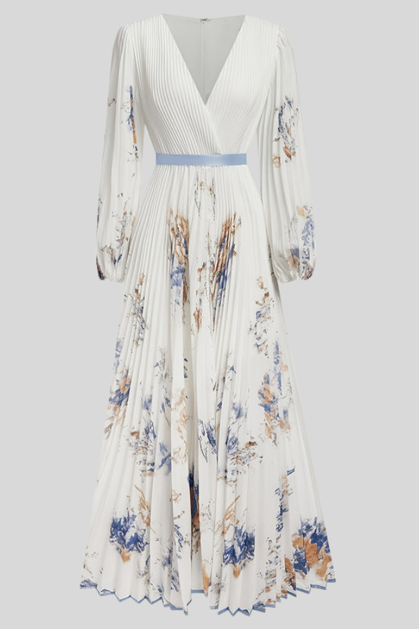 Romantic women's midi dress, pleated bohemian style with puff sleeves, a perfect elegant summer vacation dress.