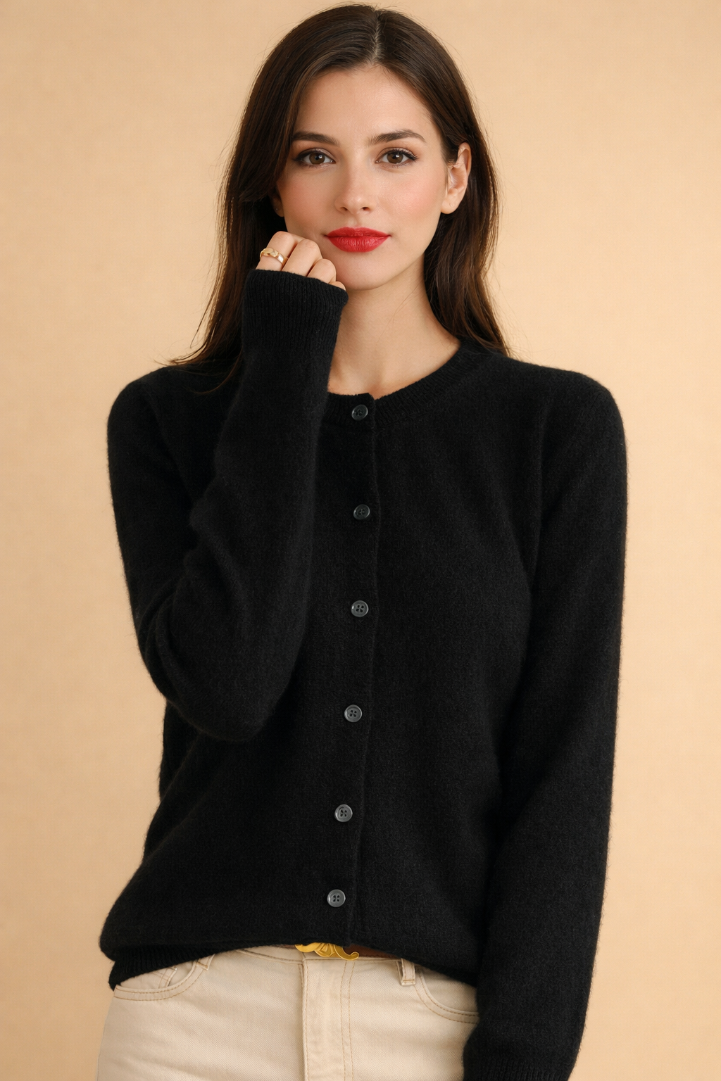 Women's round neck knit cardigan with button-front, perfect for everyday versatile style.