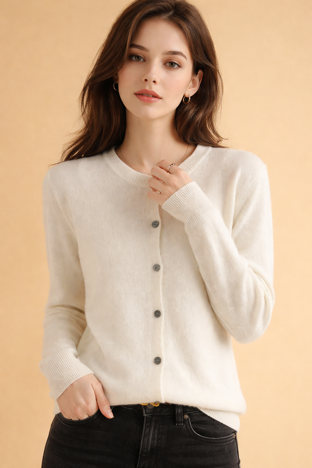 Comfortable women's knit cardigan, button-front round neck, great for daily wear & layering.