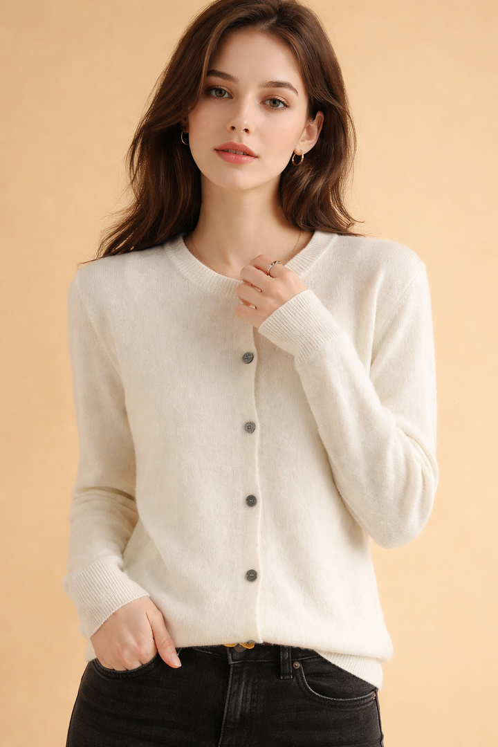 Comfortable women's knit cardigan, button-front round neck, great for daily wear & layering.