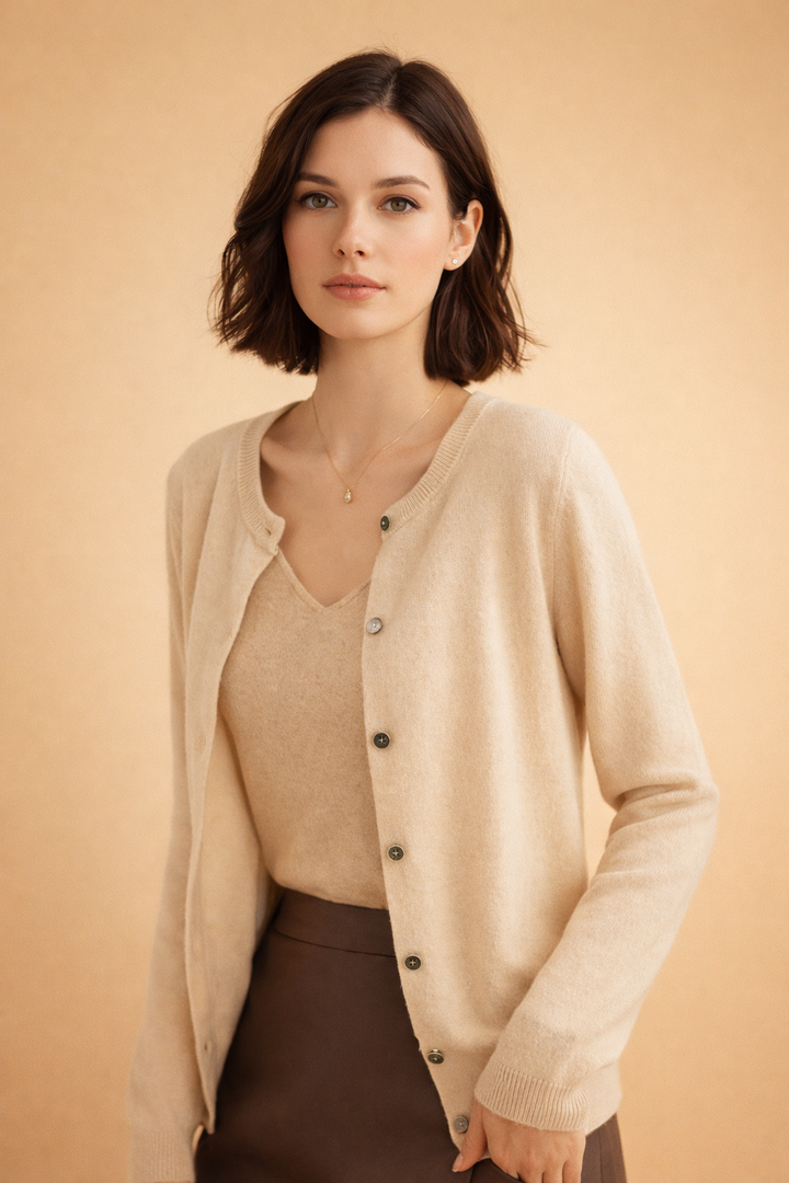 Stylish women's long sleeve knit cardigan with classic button-front & round neck. Effortless casual top.