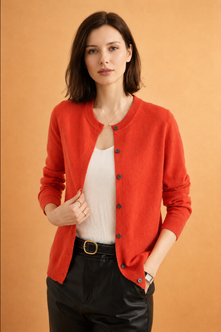 Smart women's round neck knit cardigan, button-front for office or casual chic. Long sleeve comfort.