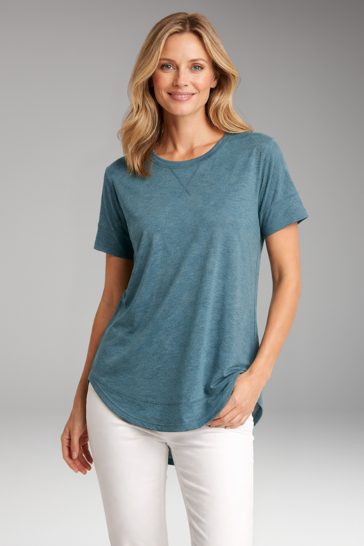 Women's round neck t-shirt with curved hem & relaxed fit, a versatile and comfortable everyday top.