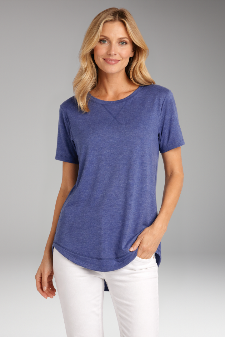 Soft fabric women's round neck t-shirt, relaxed fit, curved hem, comfortable and stylish everyday basic.