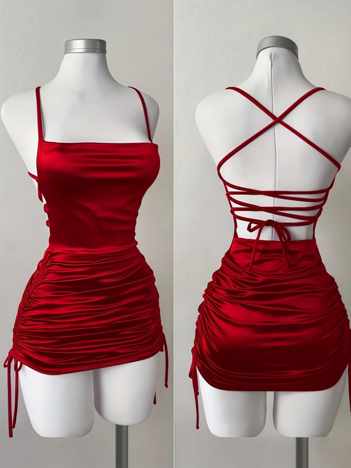Chic Women's Ruched Mini Dress with drawstring, a modern homecoming & cocktail outfit.